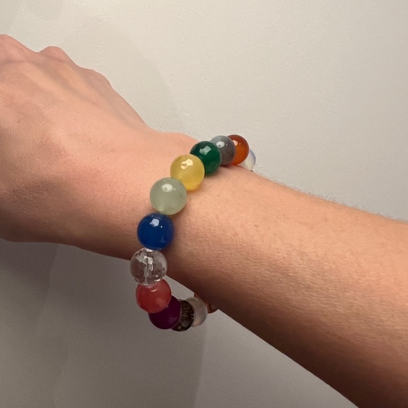 Semiprecious gemstone rainbow round bead chunky bauble beaded stacking bracelet - Picture 13 of 17